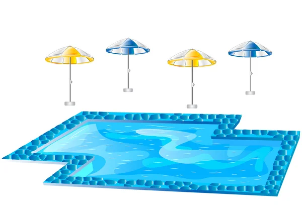 Zwembad en parasols — Stockvector