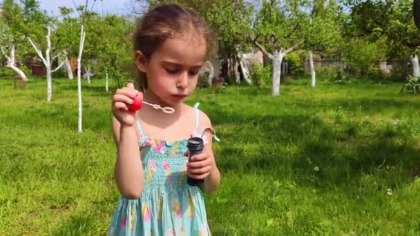Gadis kecil dalam gaun biru meniup gelembung sabun — Stok Video