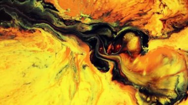 Akışkan sanat görüntüleri, renkli dalgalı modern akrilik doku. Sıvı boya, sıçrama ve girdapla karıştırılmış sanat eserleri. Turuncu, sarı ve siyah taşan renklerle ayrıntılı arkaplan hareketi.