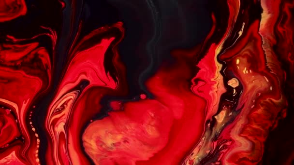 Vidéo de peinture d'art fluide, texture acrylique tendance avec effet fluide. Peinture liquide mélange toile de fond avec éclaboussure et tourbillon. Mouvement de fond détaillé avec des couleurs débordantes rouges, noires et jaunes. — Video