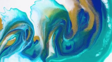 Akışkan sanat çizimi videosu, renkli dalgalı moda akryl dokusu. Sıvı boya, sıçrama ve girdapla karıştırılmış sanat eserleri. Lacivert, beyaz ve turkuaz renkli ayrıntılı arkaplan hareketi.