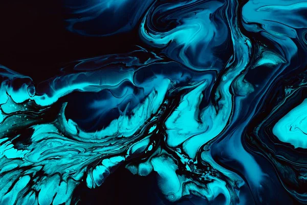 Υγρή υφή τέχνης. Αφηρημένο φόντο με στροβιλιζόμενο χρώμα αποτέλεσμα. Υγρή ακρυλική εικόνα με ροές και πιτσιλιές. Μικτή χρώματα για φόντο ιστοσελίδα. Μπλε, μαύρο και aquamarine ξεχειλίζει χρώματα. — Φωτογραφία Αρχείου