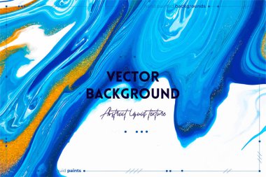 Sıvı sanat dokusu. Soyut yanardöner boya efektiyle arka plan. Akıp sıçrayan akrilik bir resim. Web sitesi arka planı için karışık boyalar. Mavi, altın ve beyaz taşan renkler.