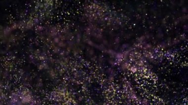 Bokeh 'in dekorasyon ışıkları arka plan videosu. Bulanık arkaplan ve hareket halindeki daireler. Sıvı parçacıkların parıldadığı bir görüntü. Bulanık efektli renkli ve parlak animasyon.