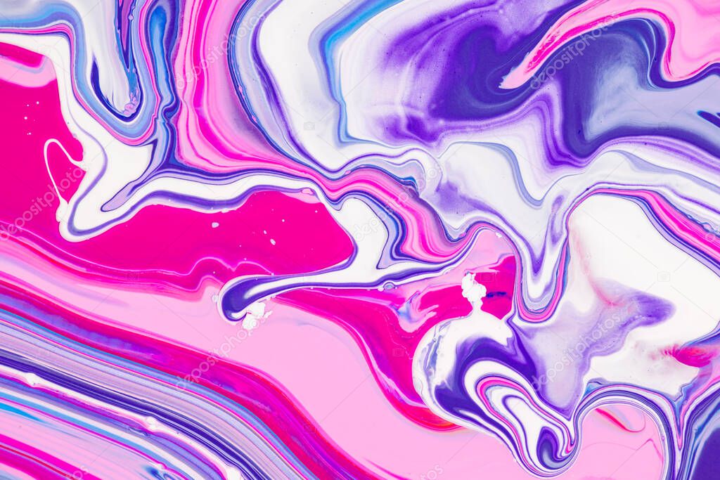 Fluid art texture. Background with abstract mixing paint effect. Liquid acrylic artwork with flows and splashes. Mixed paints for interior poster. Blue, pink and white overflowing colors.
