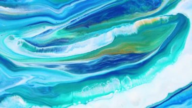 Akışkan resim görüntüleri, renkli dalgalı modern akryl dokusu. Sıvı boya, sıçrama ve girdapla karıştırılmış sanat eserleri. Mavi, akuamarin ve beyaz taşan renklerle ayrıntılı arkaplan hareketi.