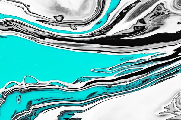 Fluid art texture. Abstract background with mixing paint effect. Liquid acrylic artwork with trendy mixed paints. Can be used for website background. Black, white and azure overflowing colors. — Stock Photo, Image