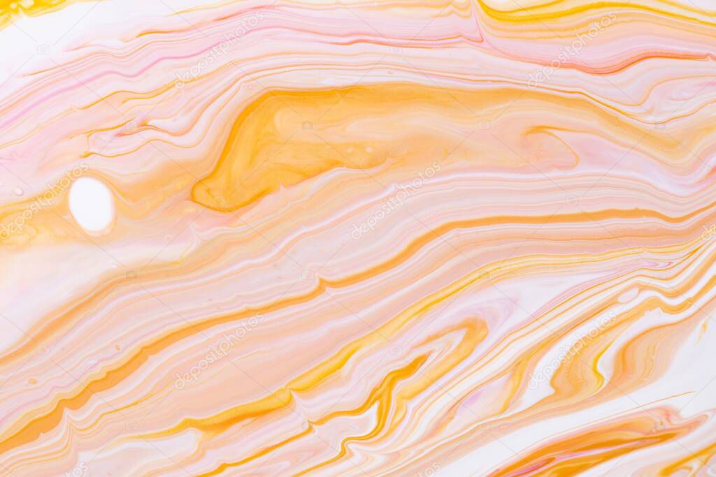 Fluid art texture. Abstract backdrop with swirling paint effect. Liquid acrylic artwork with colorful mixed paints. Can be used for background or poster. Coral, white and orange overflowing colors.