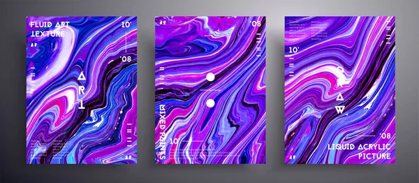 Abstract acrylic placard, fluid art vector texture set. Beautiful background that applicable for design cover, invitation, presentation and etc. Purple, blue and white creative iridescent artwork. — Stock Vector