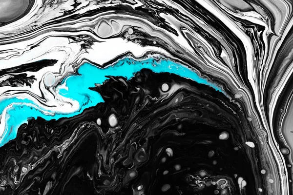 Fluid art texture. Backdrop with abstract swirling paint effect. Liquid acrylic artwork that flows and splashes. Mixed paints for baner or wallpaper. Black, white and blue overflowing colors.