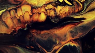 Akışkan sanat görüntüleri, akışkan efektli modern akryl dokusu. Sıvı boya, sıçrama ve girdapla karıştırılmış sanat eserleri. Turuncu, sarı ve siyah taşan renklerle ayrıntılı arkaplan hareketi.