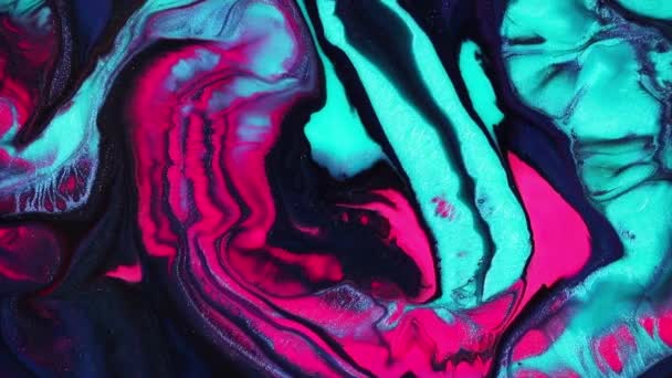 Ρευστή τέχνη ζωγραφική βίντεο, μοντέρνα υφή acryl με ροή αποτέλεσμα. Υγρό φόντο μίξης χρωμάτων με βουτιά και στροβιλισμό. Λεπτομερής κίνηση φόντου με ροζ, μωβ και aquamarine ξεχειλίζει χρώματα. — Αρχείο Βίντεο