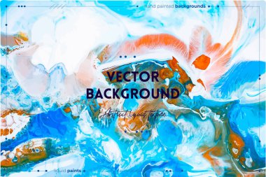 Sıvı sanat dokusu. Girdap boyası efektli soyut bir arka plan. Sıvı akrilik, akışkan ve sıçramalı bir resim. İç mekan posteri için karışık boyalar. Mavi, altın ve beyaz taşan renkler.