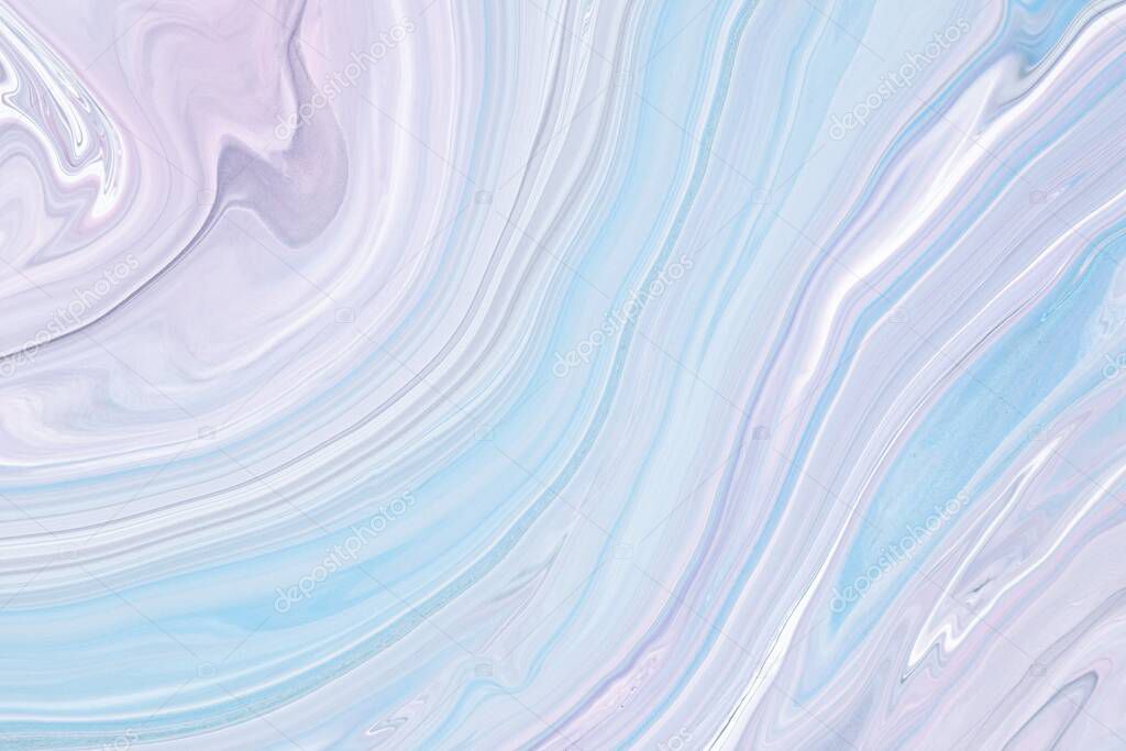 Fluid art texture. Abstract backdrop with iridescent paint effect. Liquid acrylic picture with artistic mixed paints. Can be used for baner or wallpaper. Lavender, blue and white overflowing colors.