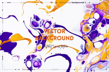 Sıvı sanat dokusu. Soyut kıvrımlı boya efektiyle arka plan. Akıp sıçrayan akrilik bir resim. Arka plan ya da poster için karışık boyalar. Mor, beyaz ve altın rengi taşmış.