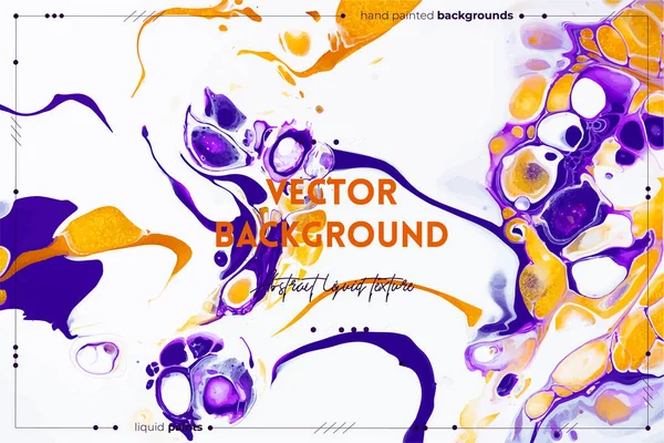 Sıvı sanat dokusu. Soyut kıvrımlı boya efektiyle arka plan. Akıp sıçrayan akrilik bir resim. Arka plan ya da poster için karışık boyalar. Mor, beyaz ve altın rengi taşmış.