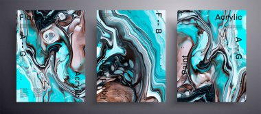 Soyut sıvı poster, akışkan sanat vektör dokusu seti. Tasarım kapağı, davetiye, broşür vs. için kullanılabilecek güzel bir arkaplan. Siyah, beyaz ve mavi yaratıcı yanardöner sanat eserleri.