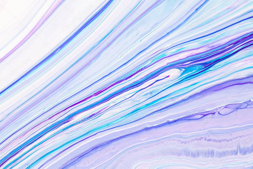 Fluid art texture. Abstract backdrop with iridescent paint effect. Liquid acrylic picture with artistic mixed paints. Can be used for baner or wallpaper. Blue, turquoise and white overflowing colors.