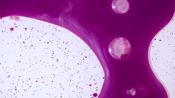 Seni cairan menggambar video, tekstur akril modern dengan gelembung berwarna-warni. Cat cair mencampur karya seni dengan gelombang dan pusaran. Gerak latar belakang rinci dengan warna ungu, merah muda dan putih yang meluap. — Stok Video