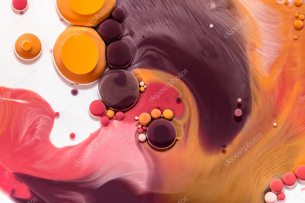 Fluid art texture. Backdrop with abstract swirling paint effect. Liquid acrylic artwork with mixed paints and bubbles. Can be used for interior poster. Brown, orange and coral overflowing colors.