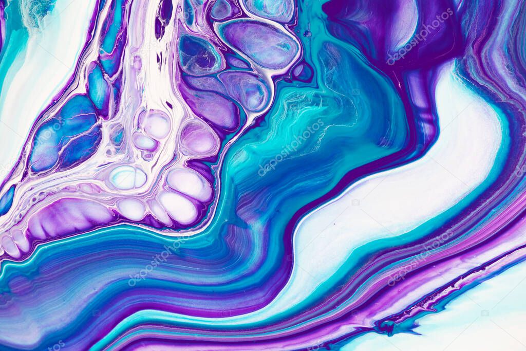 Fluid art texture. Backdrop with abstract iridescent paint effect. Liquid acrylic picture that flows and splashes. Mixed paints for baner or wallpaper. Blue, purple and white overflowing colors.