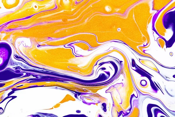 Fluid art texture. Abstract background with mixing paint effect. Liquid acrylic artwork with flows and splashes. Mixed paints for posters or wallpapers. Purple, white and golden overflowing colors.