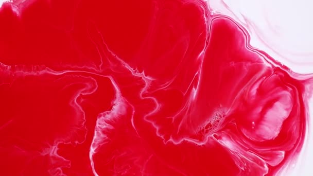 Fluid Art Malerei Footage, moderne Acryl-Textur mit fließenden Effekt. Flüssige Farbmischung Kunstwerk mit Spritzer und Wirbel. Detaillierte Hintergrundbewegung mit rot und weiß überfließenden Farben. — Stockvideo