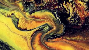 Akışkan sanat görüntüleri, renkli dalgalı akrilik dokular. Sıvı boya arka planda sıçrama ve girdapla karışımı. Turuncu, sarı ve siyah taşan renklerle ayrıntılı arkaplan hareketi.