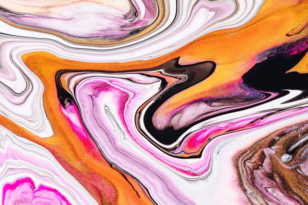 Fluid art texture. Backdrop with abstract mixing paint effect. Liquid acrylic picture with flows and splashes. Mixed paints for background or poster. Pink, golden and white overflowing colors.