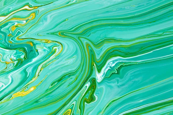 Fluid art texture. Background with abstract swirling paint effect. Liquid acrylic picture with flows and splashes. Mixed paints for posters or wallpapers. Green, turquoise and blue overflowing colors.