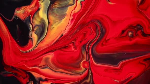 Images de peinture d'art fluide, texture acrylique moderne avec effet fluide. Peinture liquide mélangeant illustration avec éclaboussure et tourbillon. Mouvement de fond détaillé avec des couleurs débordantes rouges, noires et jaunes. — Video