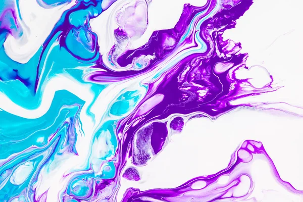 Fluid art texture. Abstract backdrop with mixing paint effect. Liquid acrylic picture with chaotic mixed paints. Can be used for posters or wallpapers. Purple, turquoise and white overflowing colors.
