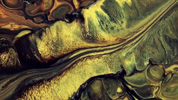 Seni cair lukisan video, abstrak tekstur akrilik dengan efek mengalir. Cat cair mencampur karya seni dengan percikan dan pusaran. Gerak latar belakang rinci dengan warna hijau, kuning dan hitam yang meluap. — Stok Video