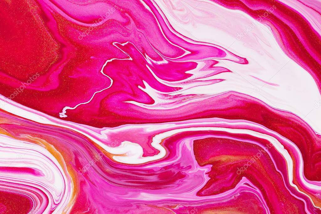 Fluid art texture. Abstract backdrop with swirling paint effect. Liquid acrylic artwork that flows and splashes. Mixed paints for background or poster. Golden, white and red overflowing colors.