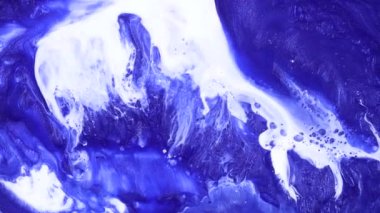 Fluid art drawing footage, trendy acrylic texture with colorful waves. Liquid paint mixing artwork with splash and swirl. Detailed background motion with blue and white overflowing colors.