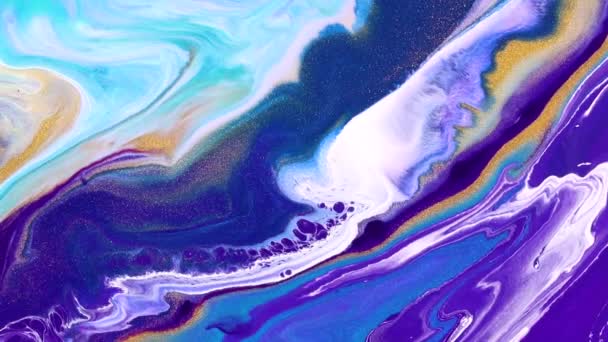 Vidéo de dessin d'art fluide, texture acrylique tendance avec des vagues colorées. Peinture liquide mélangeant illustration avec éclaboussure et tourbillon. Mouvement de fond détaillé avec des couleurs débordantes bleu marine, blanc et turquoise. — Video