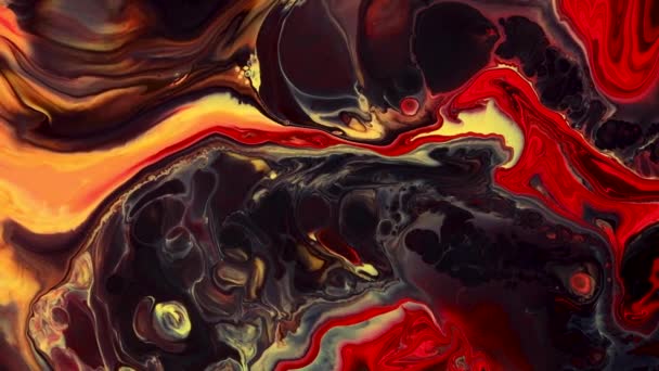 Fluid art painting video, modern acrylic texture with colorful waves. Liquid paint mixing artwork with splash and swirl. Detailed background motion with red, black and yellow overflowing colors. — Video