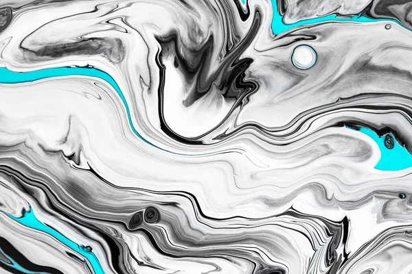 Fluid art texture. Abstract backdrop with swirling paint effect. Liquid acrylic artwork with chaotic mixed paints. Can be used for posters or wallpapers. Black, white and blue overflowing colors.