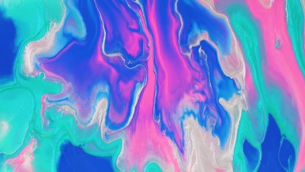 Fluido video di disegno d'arte, trendy texture acrilica con effetto scorrevole. Fondo di miscelazione vernice liquida con spruzzi e turbinii. Movimento di sfondo dettagliato con i colori blu, rosa e turchese traboccante. — Video Stock