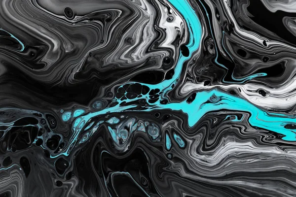Fluid art texture. Abstract backdrop with swirling paint effect. Liquid acrylic artwork with flows and splashes. Mixed paints for background or poster. Black, white and azure overflowing colors. — Stock Photo, Image