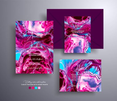 Taş desenli akrilik düğün davetiyeleri koleksiyonu. Mineral vektörü mermer efekt ve metin, pembe, mavi ve şarap renkleri için yer ile kaplıdır. Tebrik kartları, broşürler ve benzeri şeyler için tasarlandı..