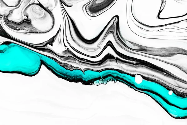 Textura de arte fluido. Fondo abstracto con efecto de mezcla de pintura. Arte acrílico líquido con pinturas mixtas de moda. Se puede utilizar para el fondo del sitio web. Negro, blanco y aguamarina colores desbordantes. — Foto de Stock