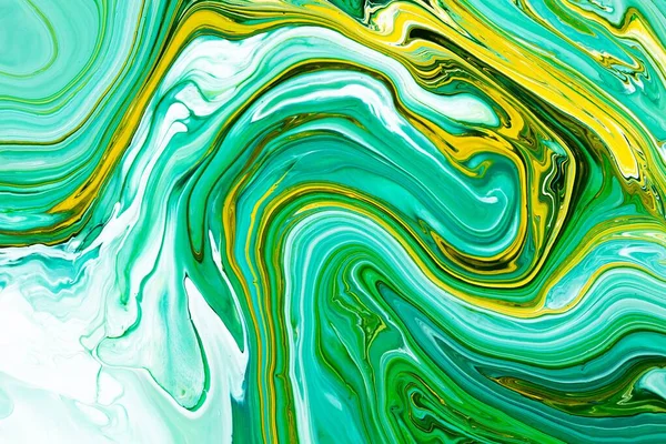 Vätskekonsistens. Abstrakt bakgrund med blanda färg effekt. Flytande akrylbild med flöden och stänk. Blandade färger för baner eller tapeter. Gröna, turkosa och gula överfyllda färger. — Stockfoto