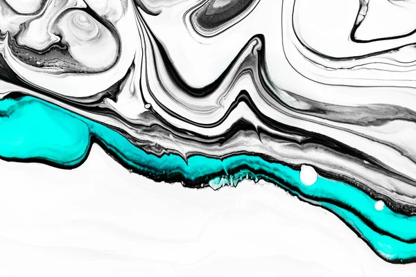 Textura de arte fluida. Fundo abstrato com efeito de pintura de mistura. Arte em acrílico líquido com tintas misturadas na moda. Pode ser usado para fundo do site. Cores transbordantes preto, branco e aquamarino. — Fotografia de Stock