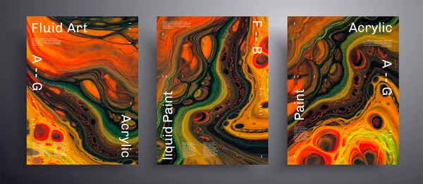 Abstraktes Vektorplakat, eine Reihe moderner Designabdeckungen für flüssige Kunst. Trendy Hintergrund, der für Design-Cover, Poster, Broschüren usw. verwendet werden kann. Kreative irisierende Kunstwerke in Orange, Grün und Braun. — Stockvektor