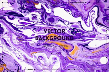 Sıvı sanat dokusu. Soyut kıvrımlı boya efektiyle arka plan. Akıp sıçrayan sıvı akrilik sanat eserleri. İç mekan posteri için karışık boyalar. Mor, beyaz ve altın renkler taşar.