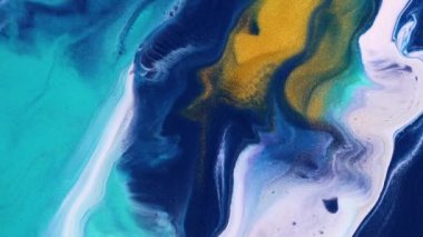 Akışkan sanat çizimi videosu, akışkan efektli modern akryl dokusu. Sıvı boya, sıçrama ve girdapla karıştırılmış sanat eserleri. Lacivert, turkuaz ve beyaz renkli ayrıntılı arkaplan hareketi.