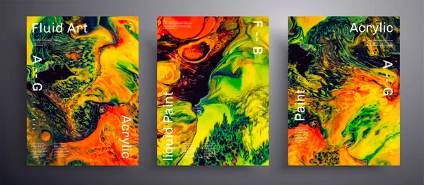 Abstraktes Acryl-Banner, Fluid Art Vektor Textur Set. Künstlerischer Hintergrund, der für Designcover, Einladungen, Flyer usw. verwendet werden kann. Kreative irisierende Kunstwerke in Orange, Grün, Gelb und Schwarz. — Stockvektor