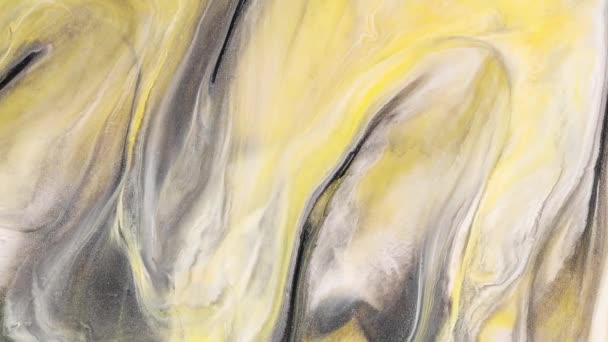 Fluid art painting footage, abstract acrylic texture with flowing effect. Liquid paint mixing artwork with splash and swirl. Trendy colors of 2021 year - gray and yellow. — Stock Video