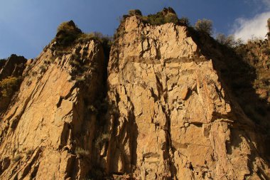 Büyük, kayalık bir dağ yamacının alt manzarası, devasa, düzensiz sarı bir kaya, kayanın üzerindeki kırmızı zambaklar ve çalılar, yaz, güneşli, bulutlu gökyüzü